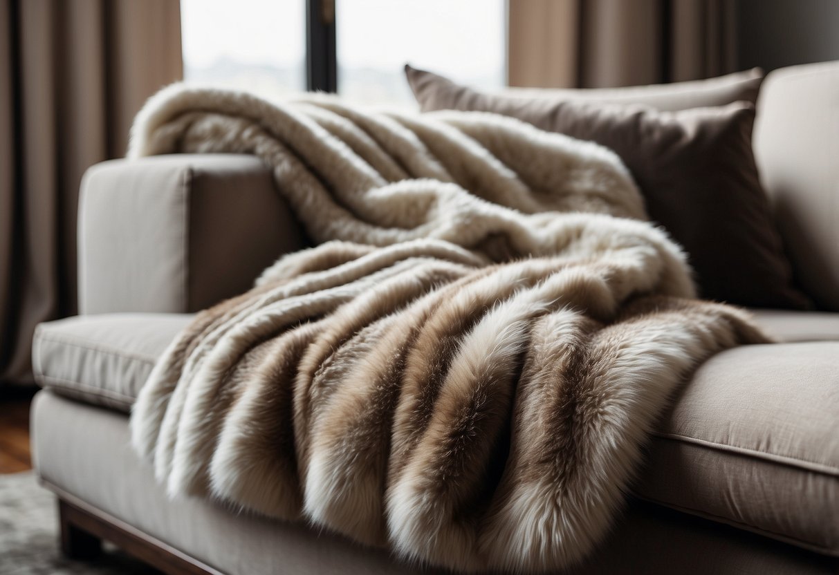 A luxurious faux fur throw blanket draped over a sleek modern sofa in a minimalist living room with clean lines and neutral colors