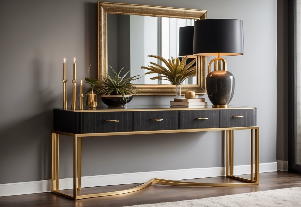 A luxurious gold-framed mirror hangs above a sleek, minimalist console table in a modern, elegant living room