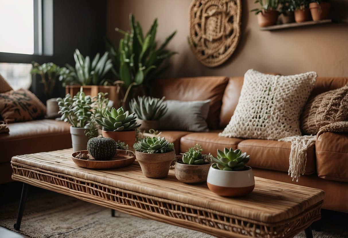 A cozy living room with earthy tones, featuring a wooden coffee table adorned with succulents, a macrame wall hanging, and a rattan chair with a cozy throw pillow