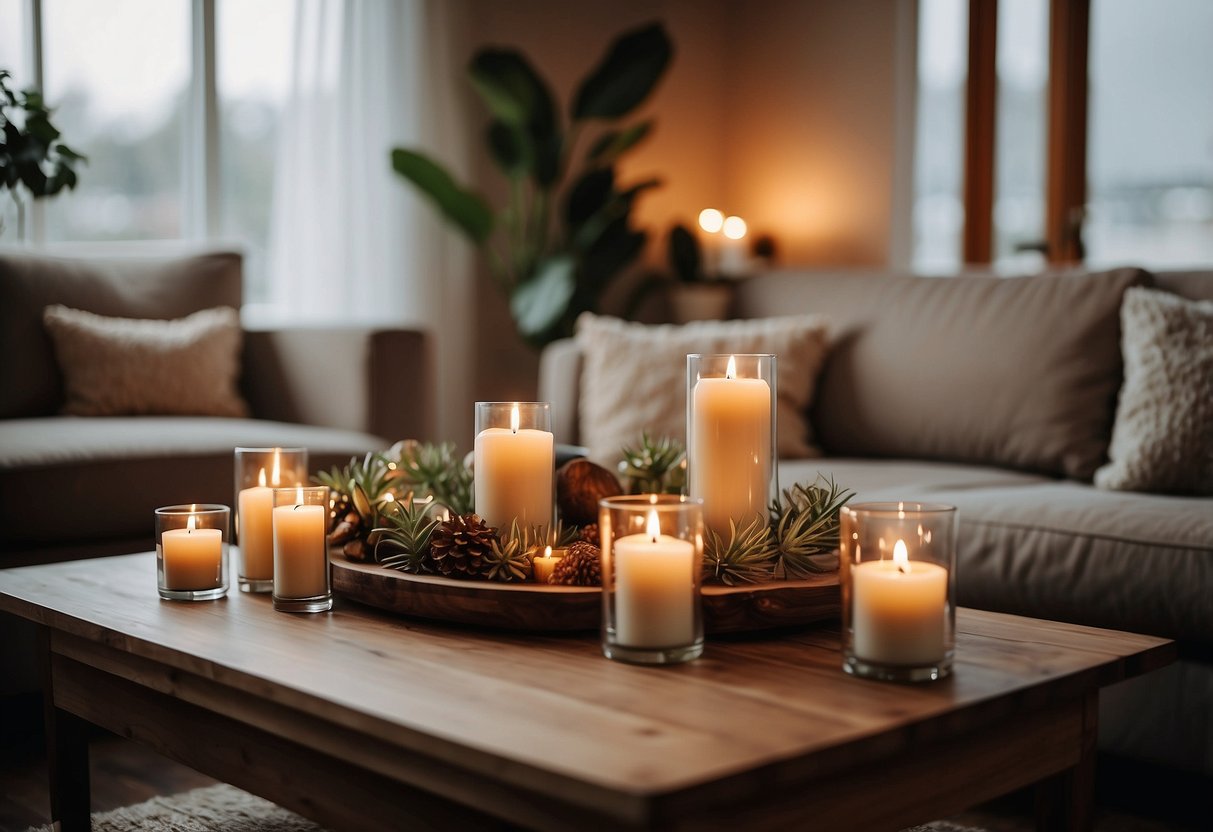 A cozy living room with a table adorned with soy-based candles, surrounded by natural elements and earthy tones