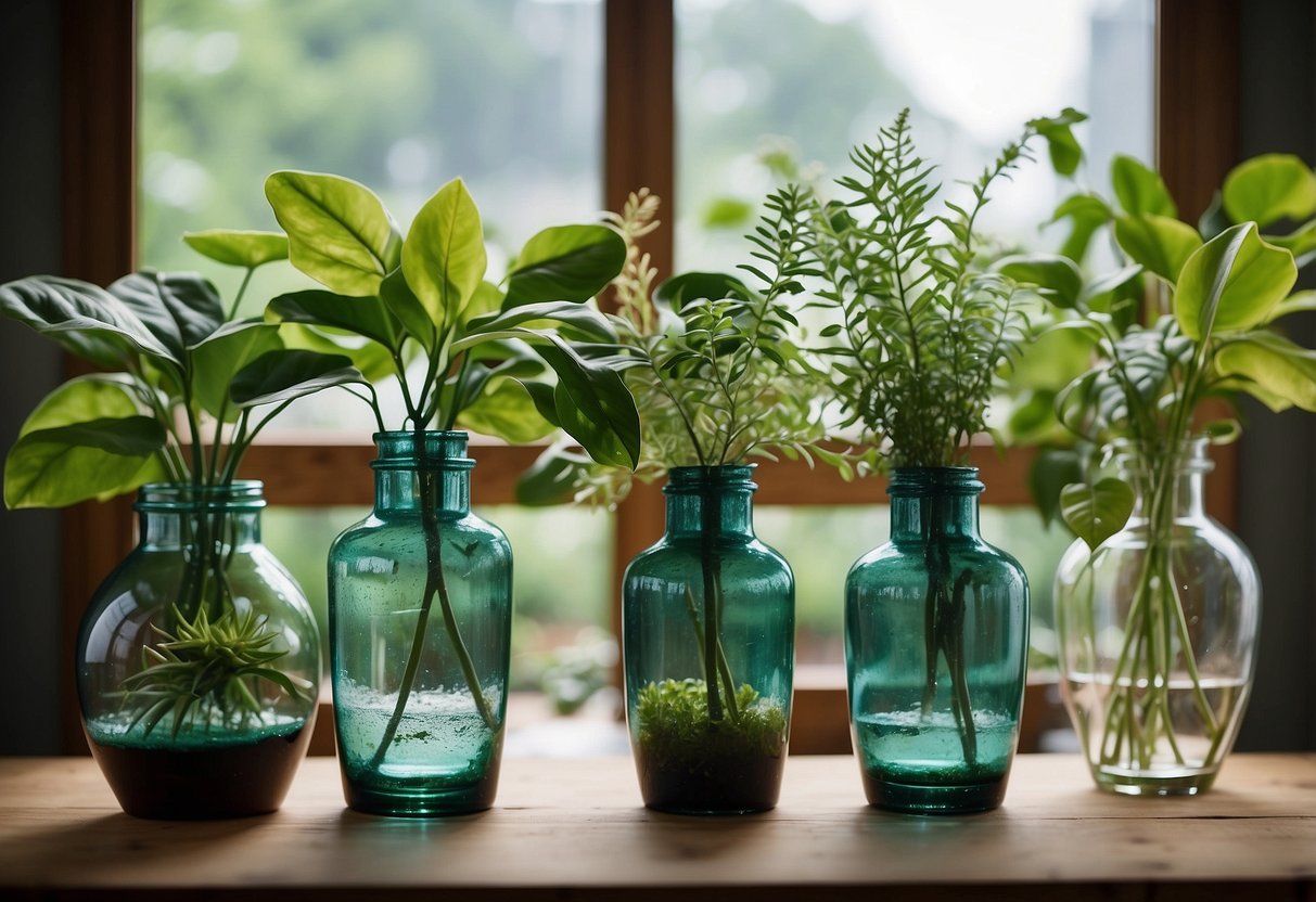 A collection of recycled glass vases arranged on a wooden shelf, surrounded by green houseplants and natural light