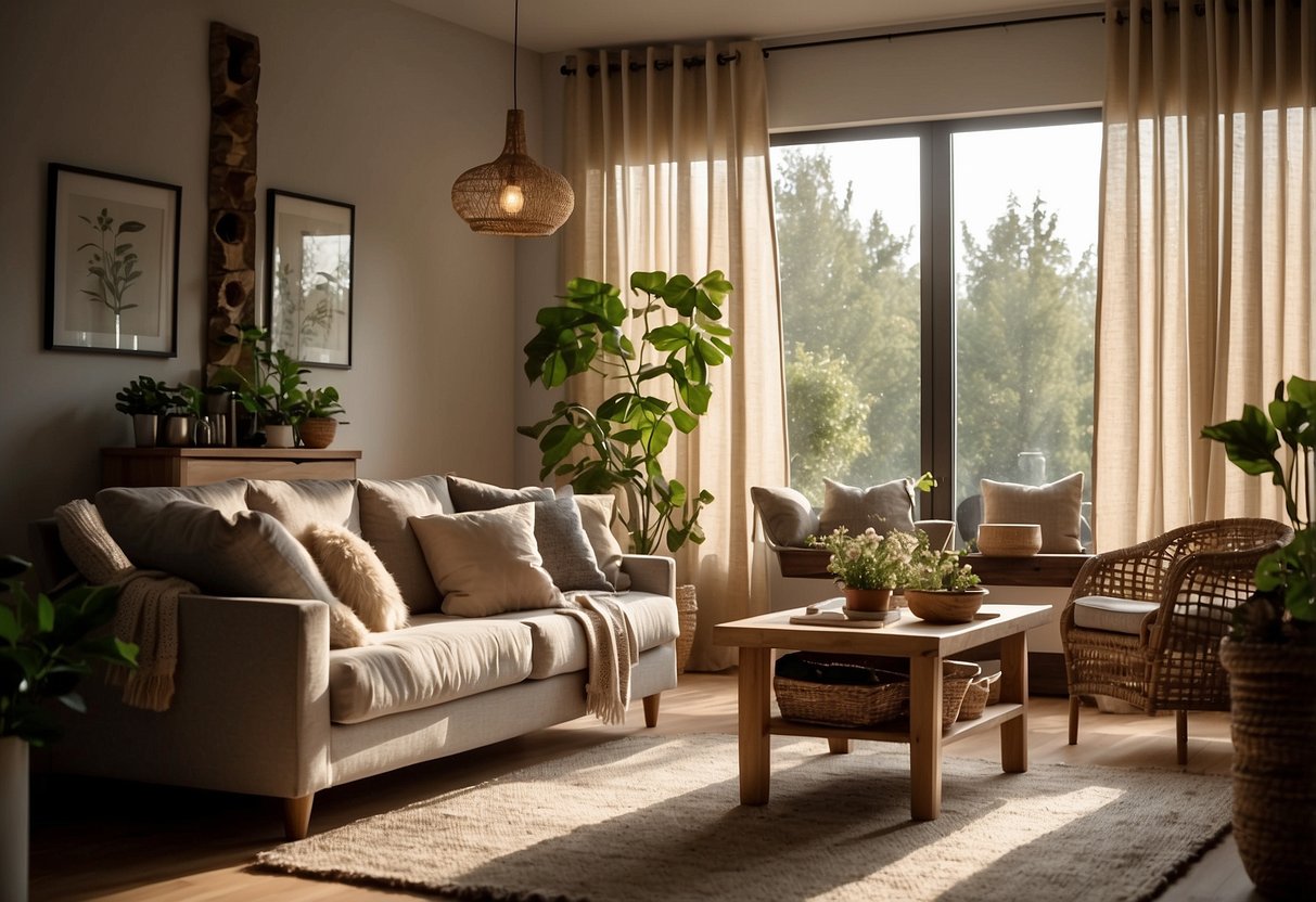 A cozy living room with sunlight streaming through natural fiber curtains, adding a touch of organic home decor to the space