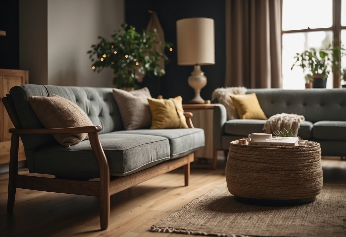 A cozy living room with upcycled furniture, featuring a rustic coffee table made from reclaimed wood and a vintage armchair reupholstered with organic fabric