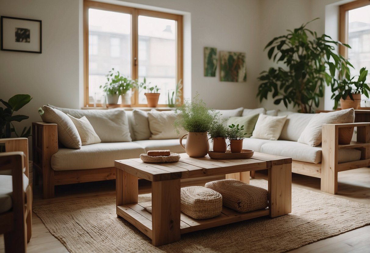 A cozy living room with natural wood furniture, eco-friendly textiles, and potted plants. Recycled glass vases and sustainable art adorn the walls