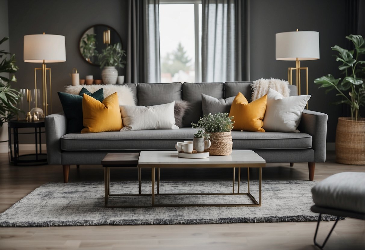 A cozy living room with a plush grey area rug, a sleek grey sofa, and pops of color in the form of throw pillows and decorative accents