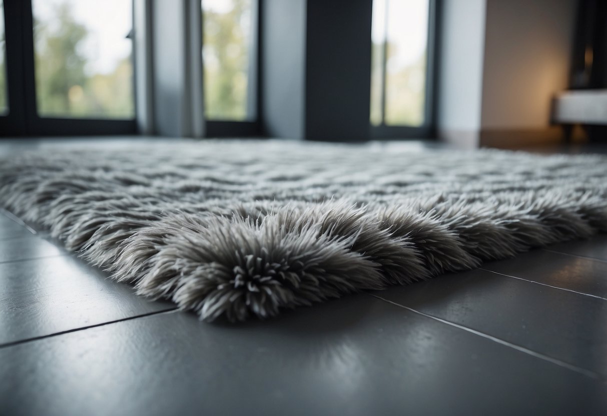 A plush grey area rug lies on a sleek grey floor, creating a cozy and stylish home decor idea