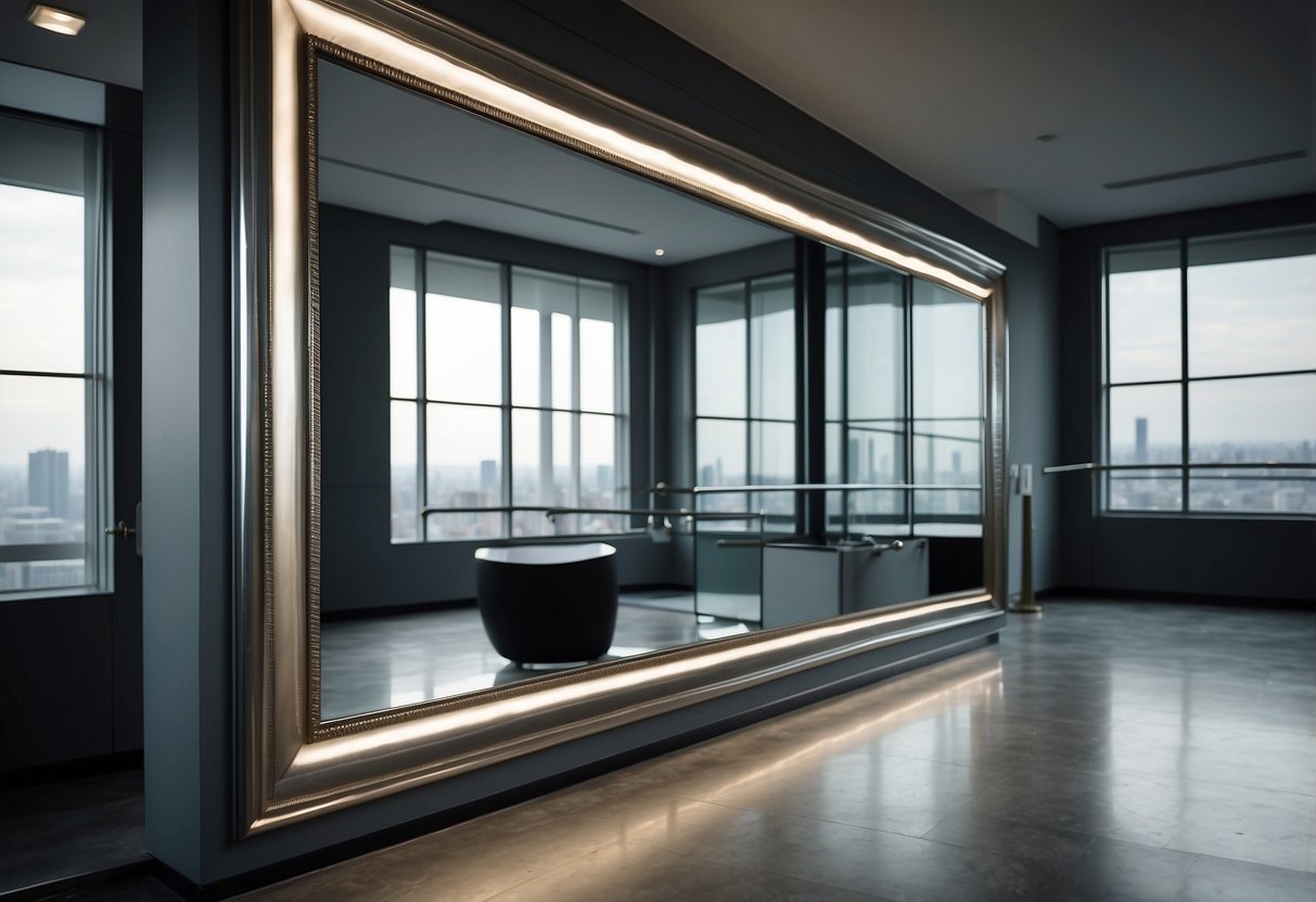 A silver-framed wall mirror reflects light on grey floors