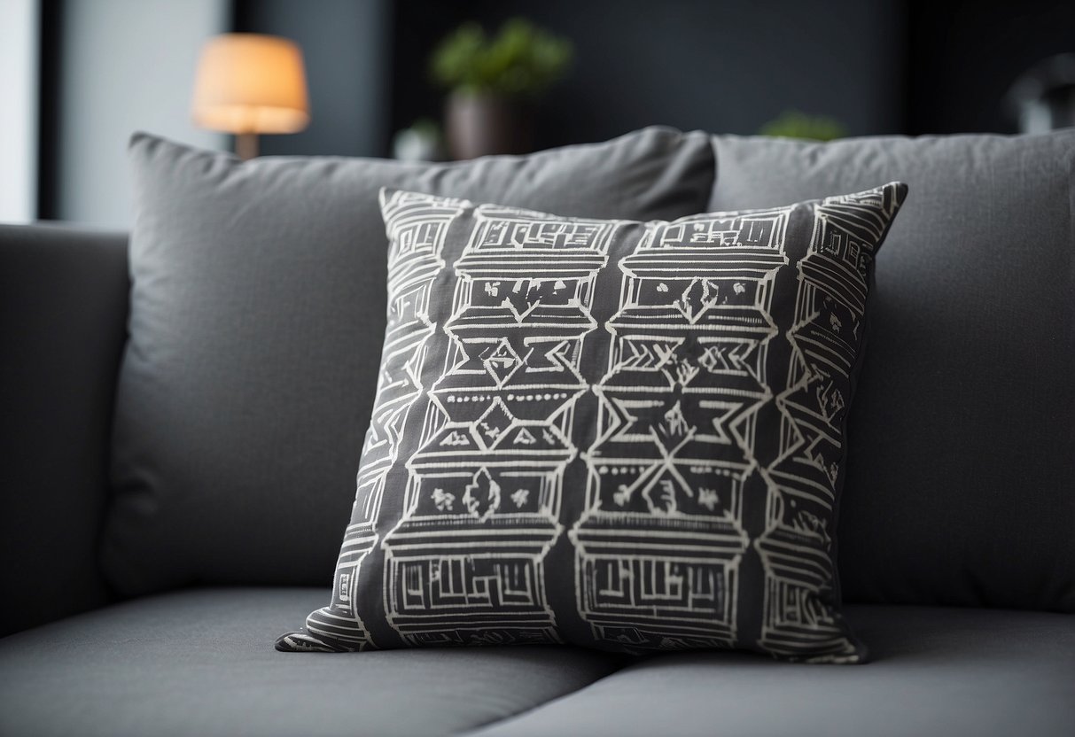 Geometric pattern cushion covers arranged on grey floor for home decor illustration