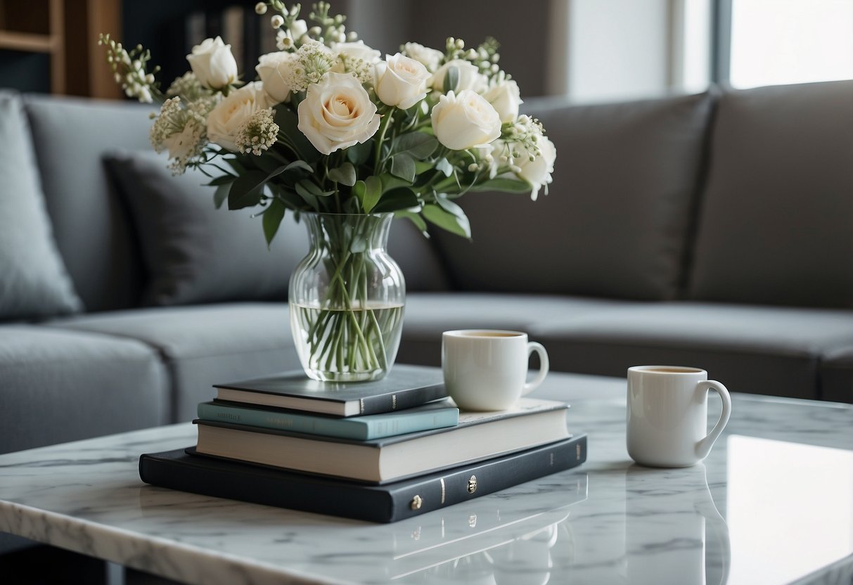 A sleek marble coffee table sits atop grey floors, adorned with a vase of fresh flowers and a stack of elegant books