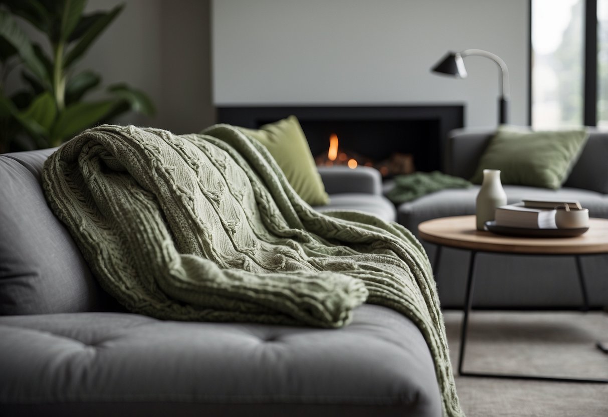 A cozy living room with sage green throw blankets draped over a grey couch and matching accent pillows