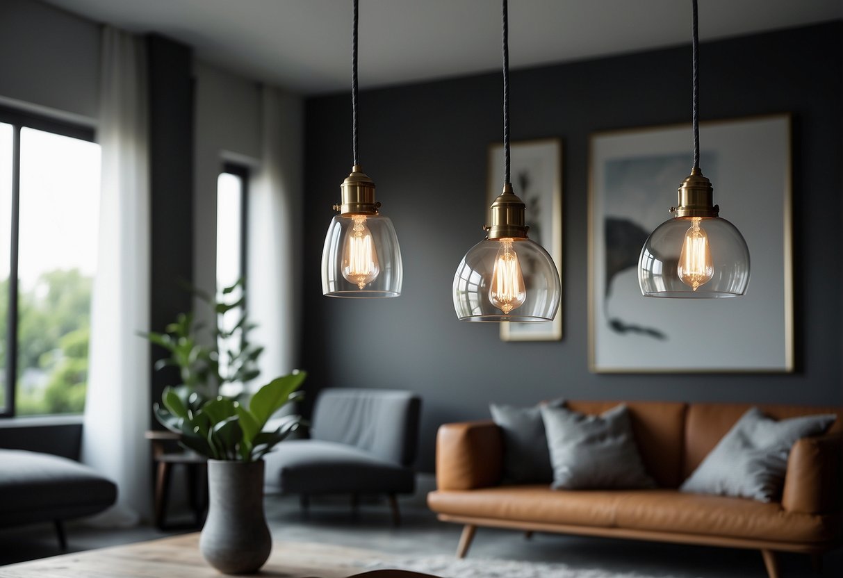 Three glass pendant lights hang above a modern living room with grey floors, creating a stylish and contemporary home decor look