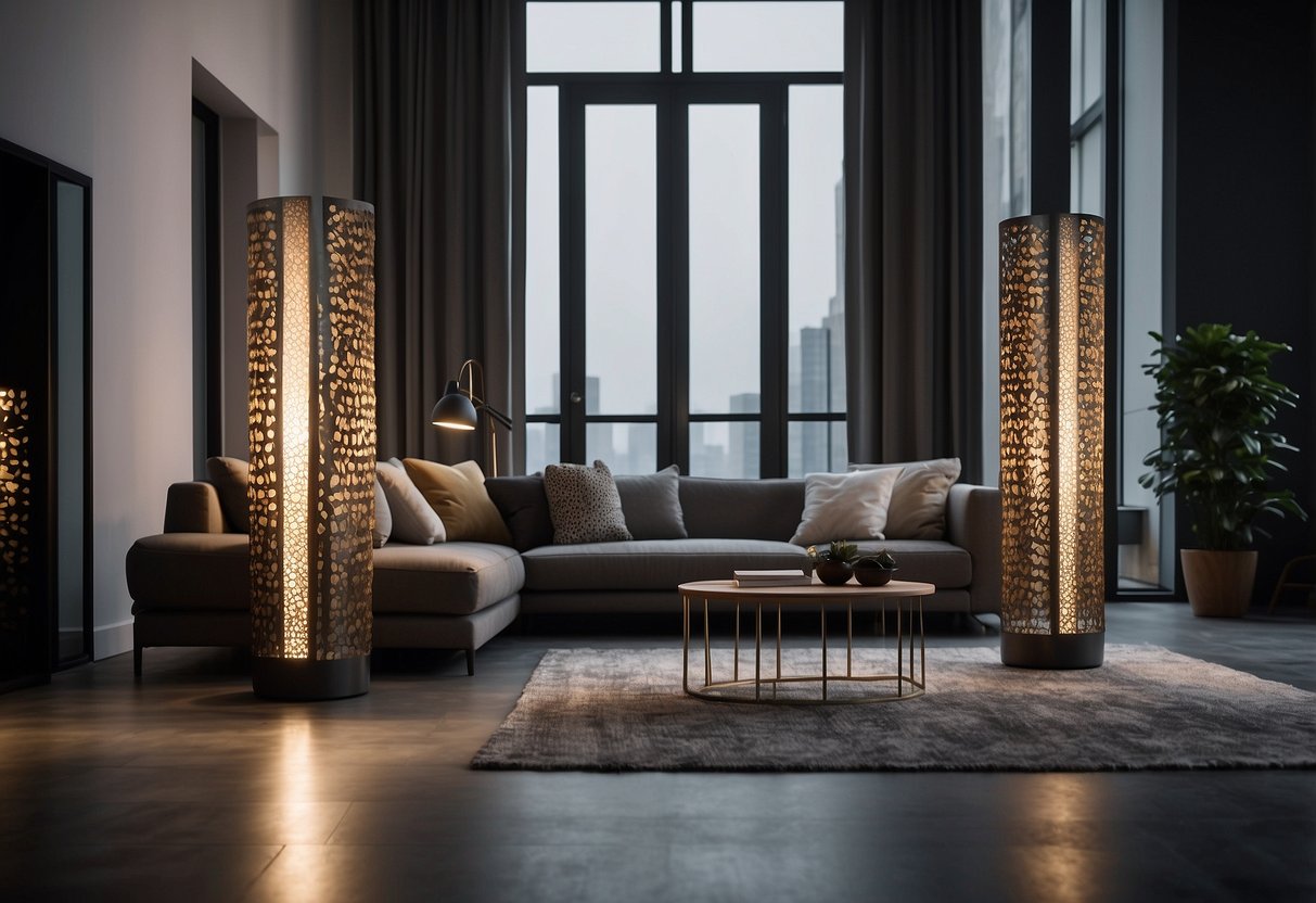 Two sleek metallic floor lamps stand on a grey floor, casting a warm glow in a modern living room