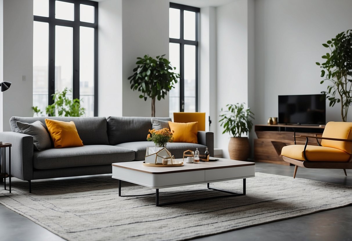 A modern living room with grey floors, white walls, and bold pops of color in the furniture and decor