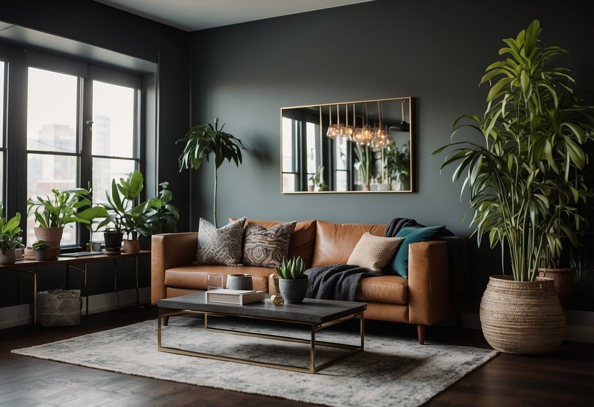 A living room with dark wood floors, a cozy rug, and a modern sofa with throw pillows. A large potted plant sits in the corner, and the walls are adorned with abstract art and decorative mirrors