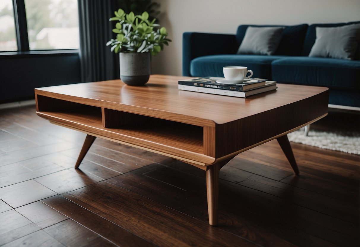 A mid-century modern coffee table sits on a dark wood floor, surrounded by minimalist home decor