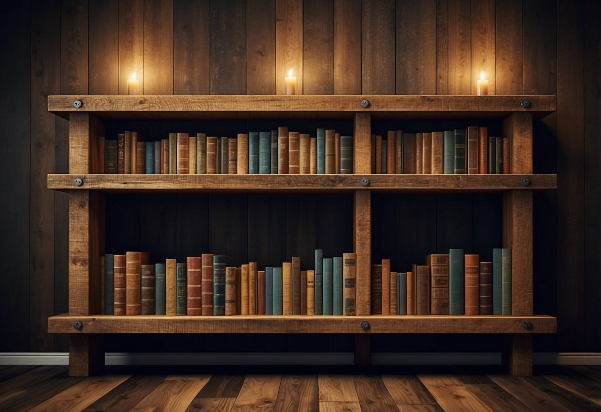 A reclaimed wood bookshelf stands against a dark wood floor, adding a rustic touch to the home decor