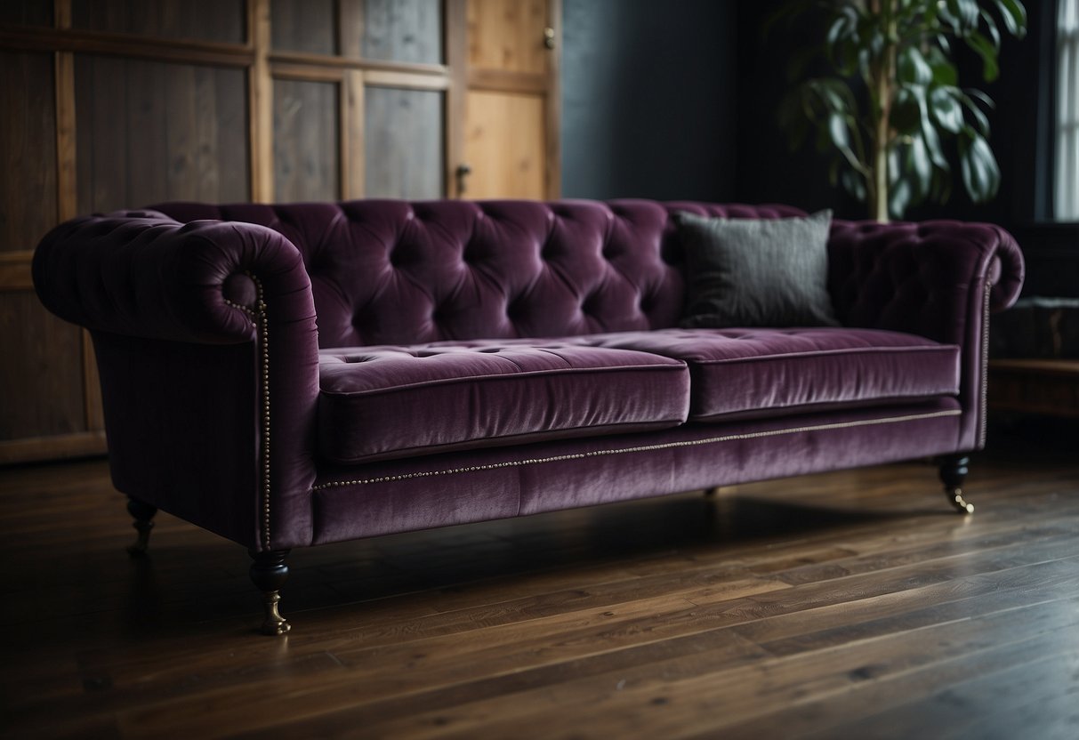 A chic velvet sofa sits atop a dark wood floor, surrounded by home decor ideas