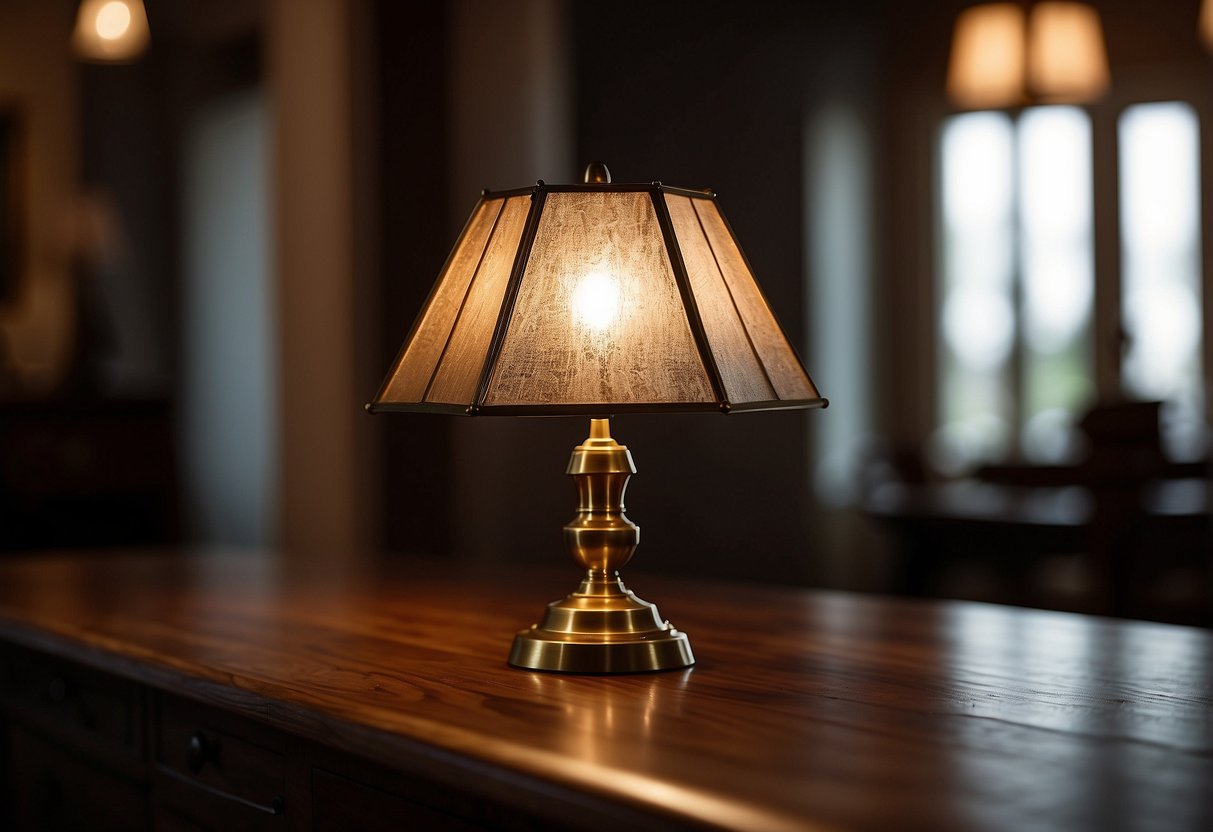 An antique brass lamp sits on a dark wood floor, casting a warm glow in a cozy home decor setting