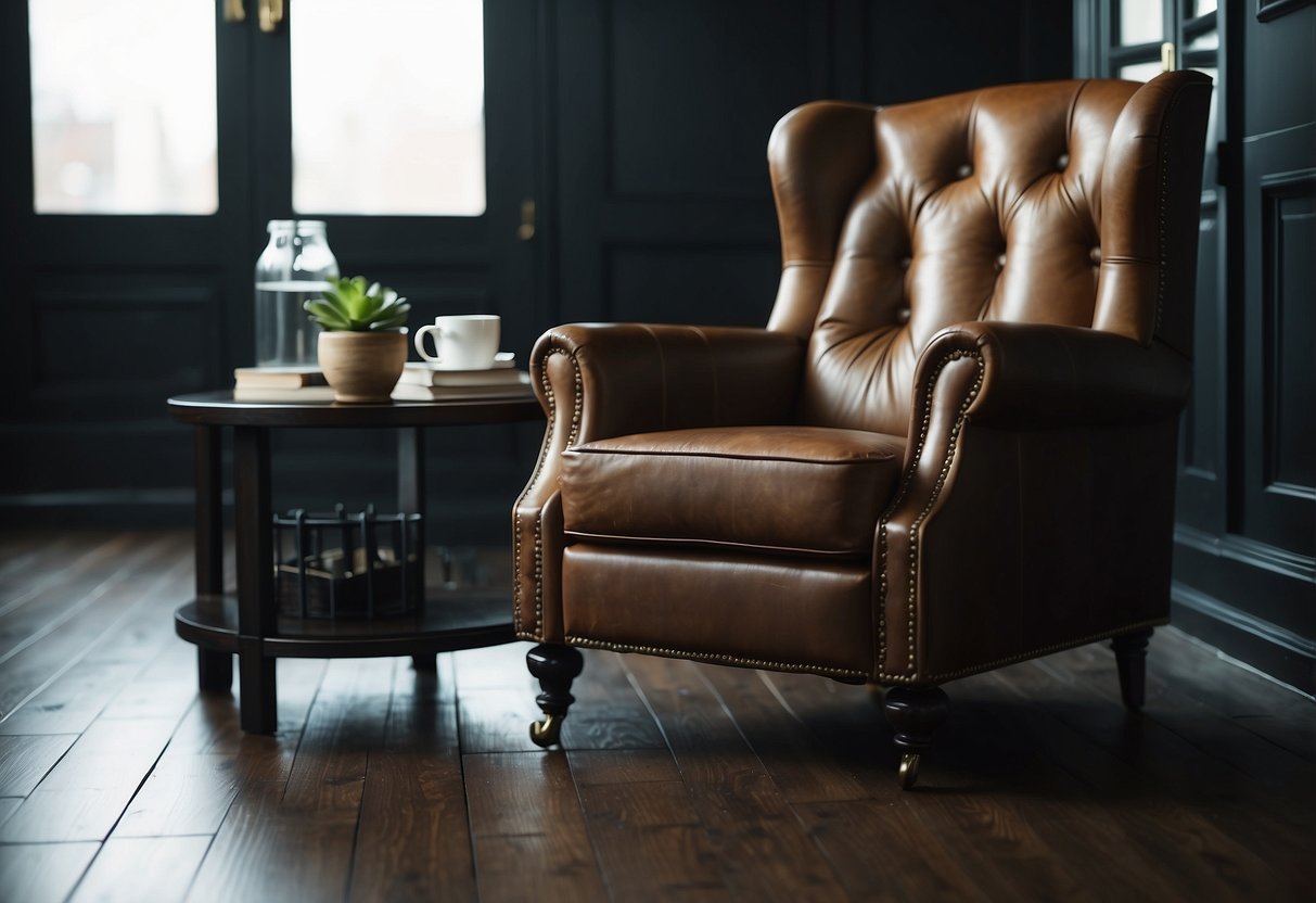 A leather armchair sits on a dark wood floor, surrounded by home decor ideas