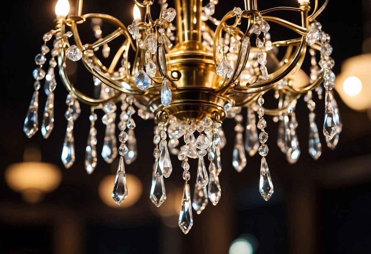 A cascade crystal chandelier hangs above a dark wood floor, adding elegance to the home decor