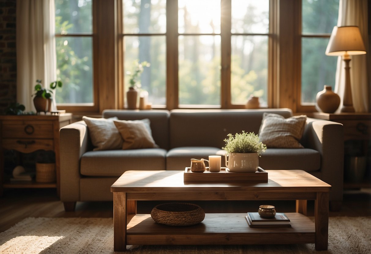 A cozy living room with wooden shelves, photo frames, and a carved wooden centerpiece on the coffee table. Sunlight filters through the window, casting warm shadows on the rustic decor