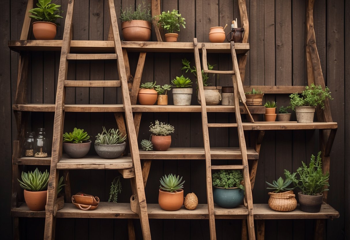 A vintage wooden ladder shelves adorned with rustic home decor items