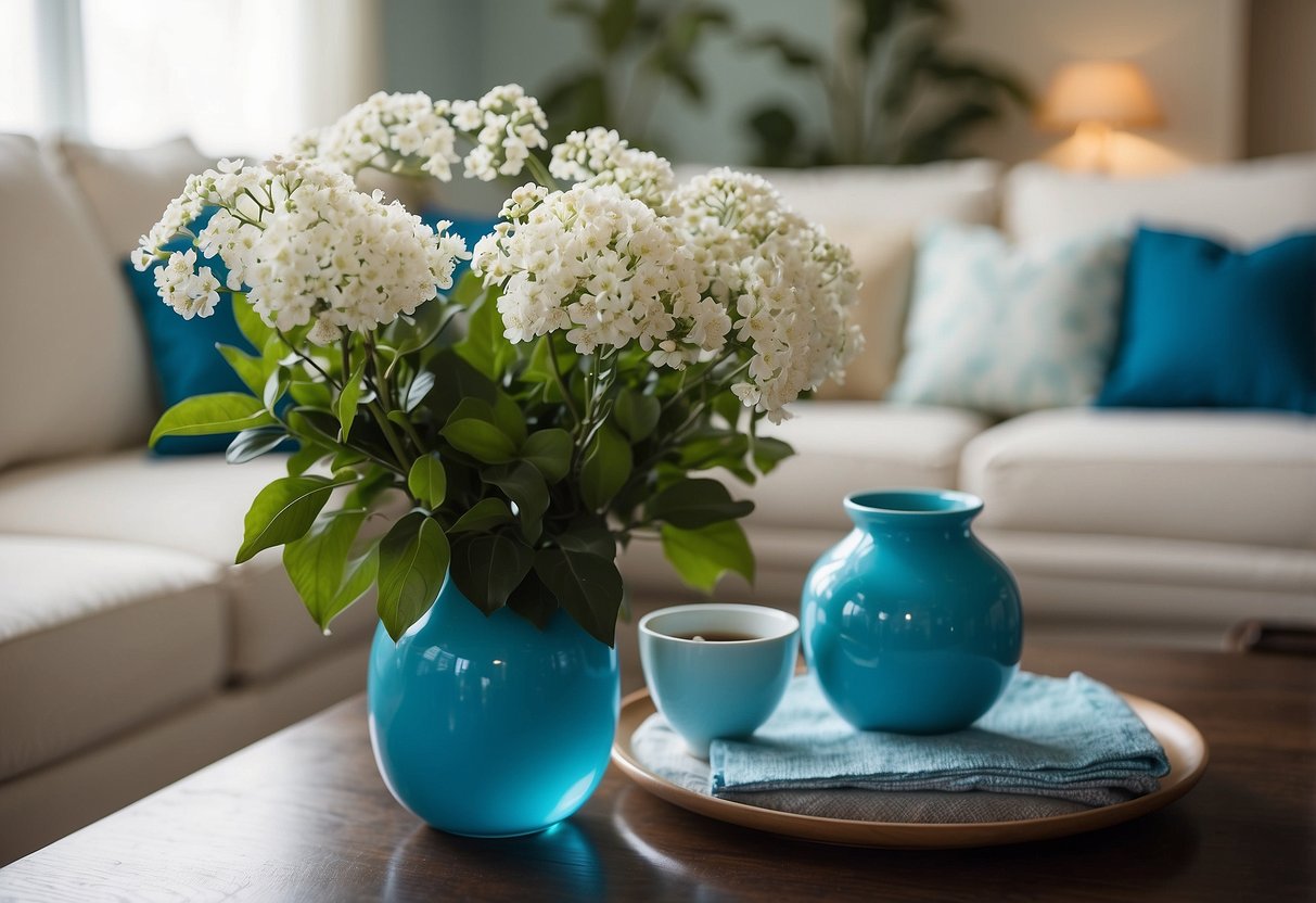 A living room with a navy blue sofa, sky blue throw pillows, and a cerulean rug. A turquoise vase on the coffee table holds white flowers