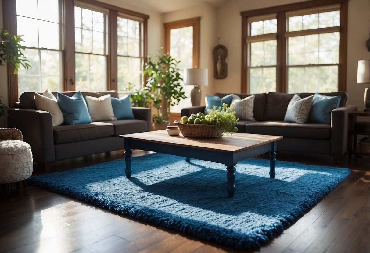 A cerulean blue area rug lies in the center of a sunlit living room, adding a pop of color to the space