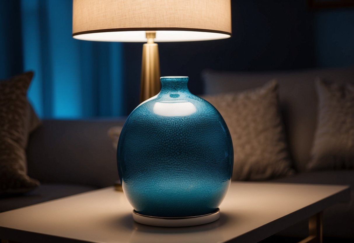 A blue Azure Table Lamp illuminates a cozy living room, adding a pop of color to the home decor