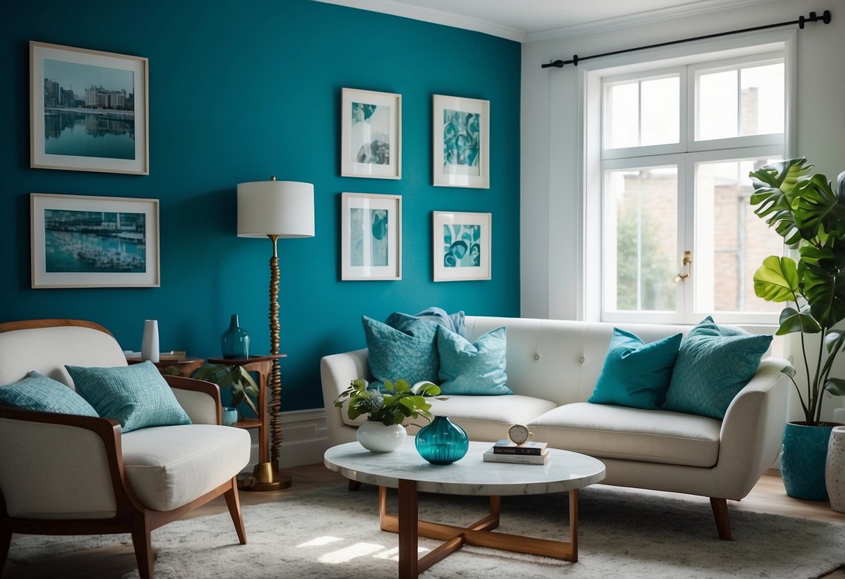 A living room with turquoise picture frames on a white wall, surrounded by blue home decor accents