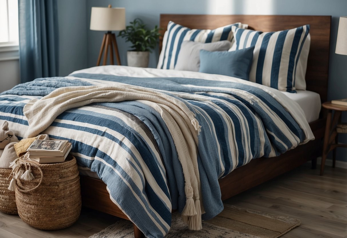 A cozy bedroom with blue striped bedding set, complemented by matching throw pillows and a soft blanket. The room is filled with natural light, creating a serene and inviting atmosphere