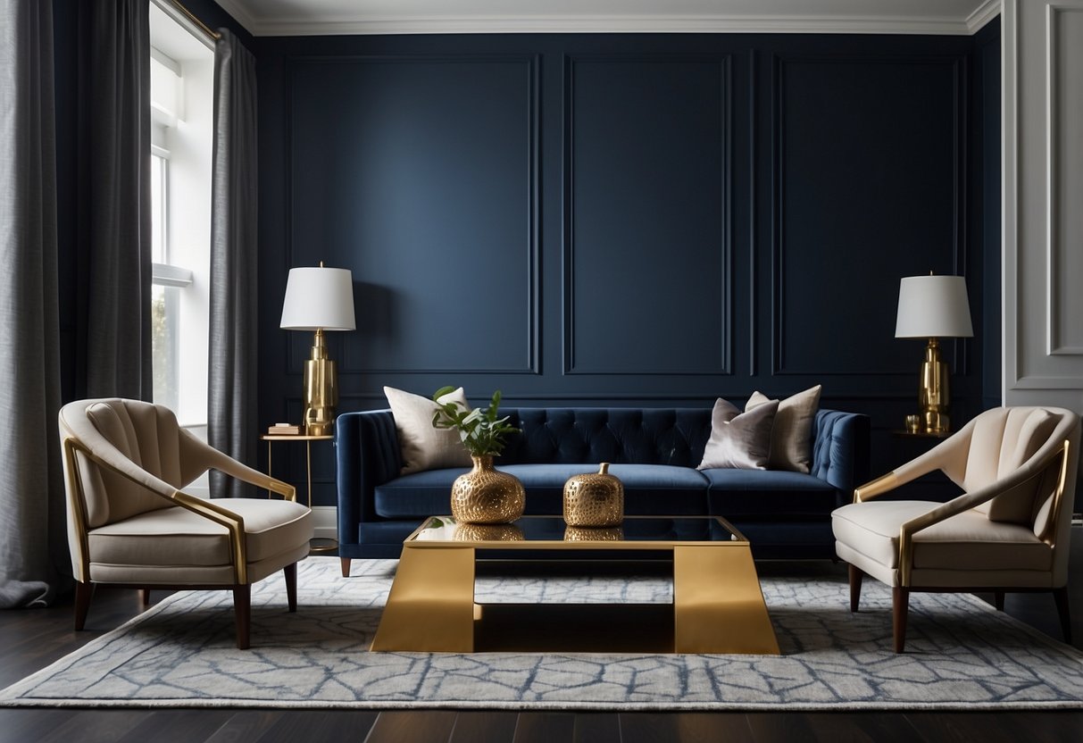 A navy blue living room with a plush velvet sofa, gold accent decor, and a geometric patterned rug. A statement wall adorned with framed artwork and a sleek metallic coffee table completes the chic decor