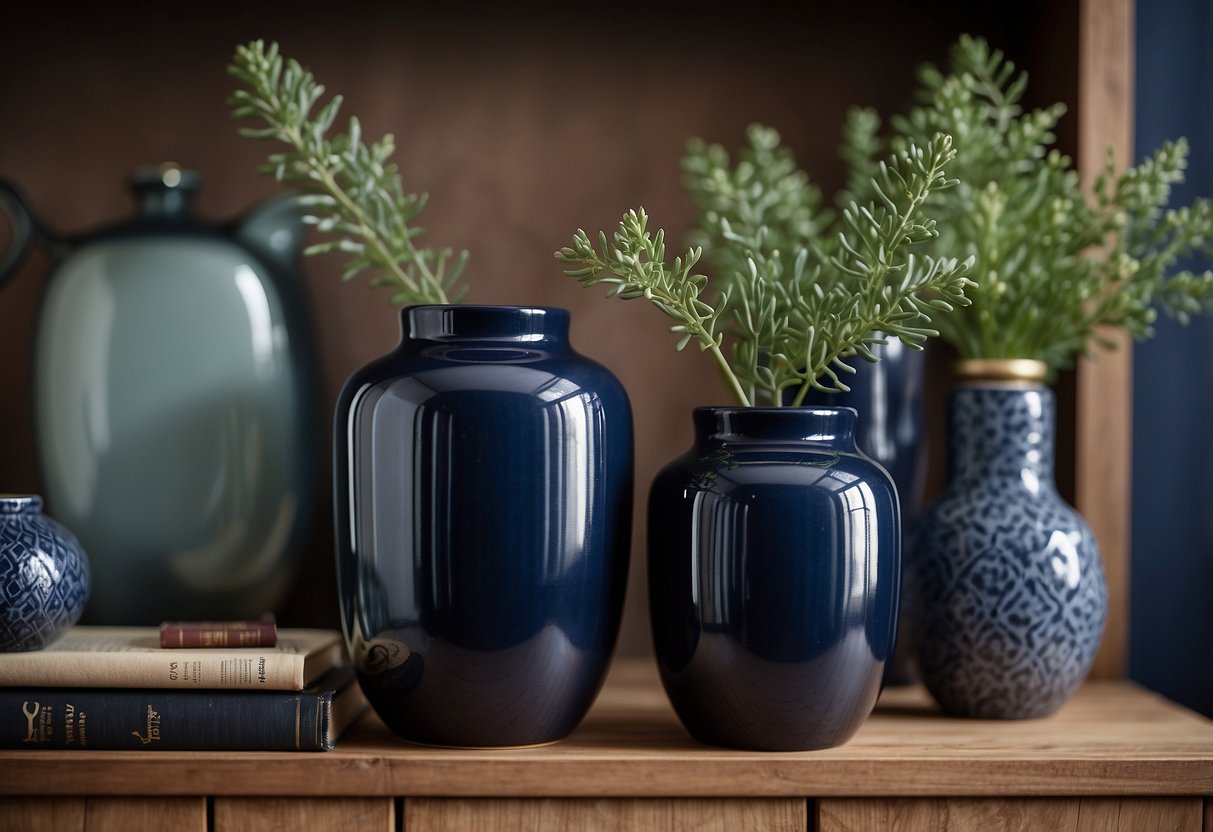 Three navy blue ceramic vases arranged on a wooden shelf, surrounded by other home decor items