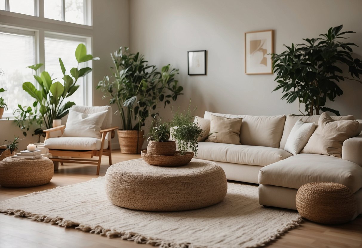 A cozy living room with soft, neutral colors, a fluffy rug, and plenty of green plants. A warm, inviting space with natural light and comfortable seating