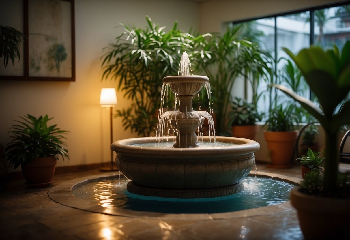 A serene indoor fountain gently cascades water in a cozy living room, surrounded by potted plants and soft lighting