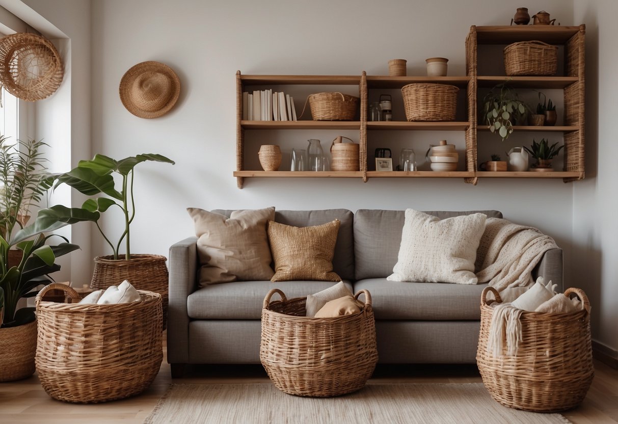 A cozy living room with wicker storage baskets neatly organized on shelves, adding a touch of warmth and rustic charm to the space