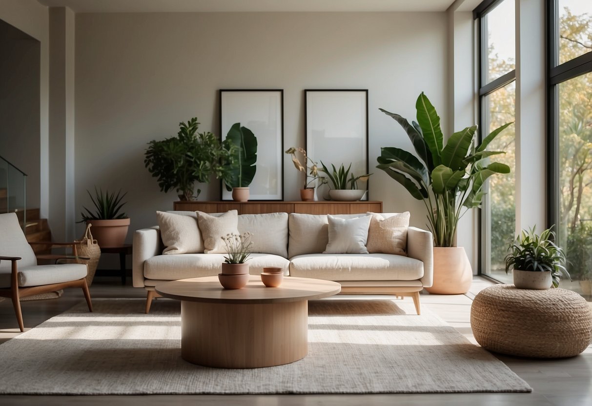 A modern living room with minimalist furniture, neutral color palette, and natural light streaming through large windows. Textured rugs and indoor plants add warmth and coziness to the space