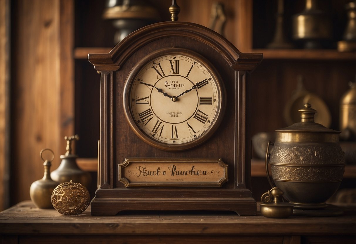 A vintage-inspired wall clock hangs above a rustic wooden shelf adorned with antique knick-knacks, surrounded by warm, earthy tones and soft lighting