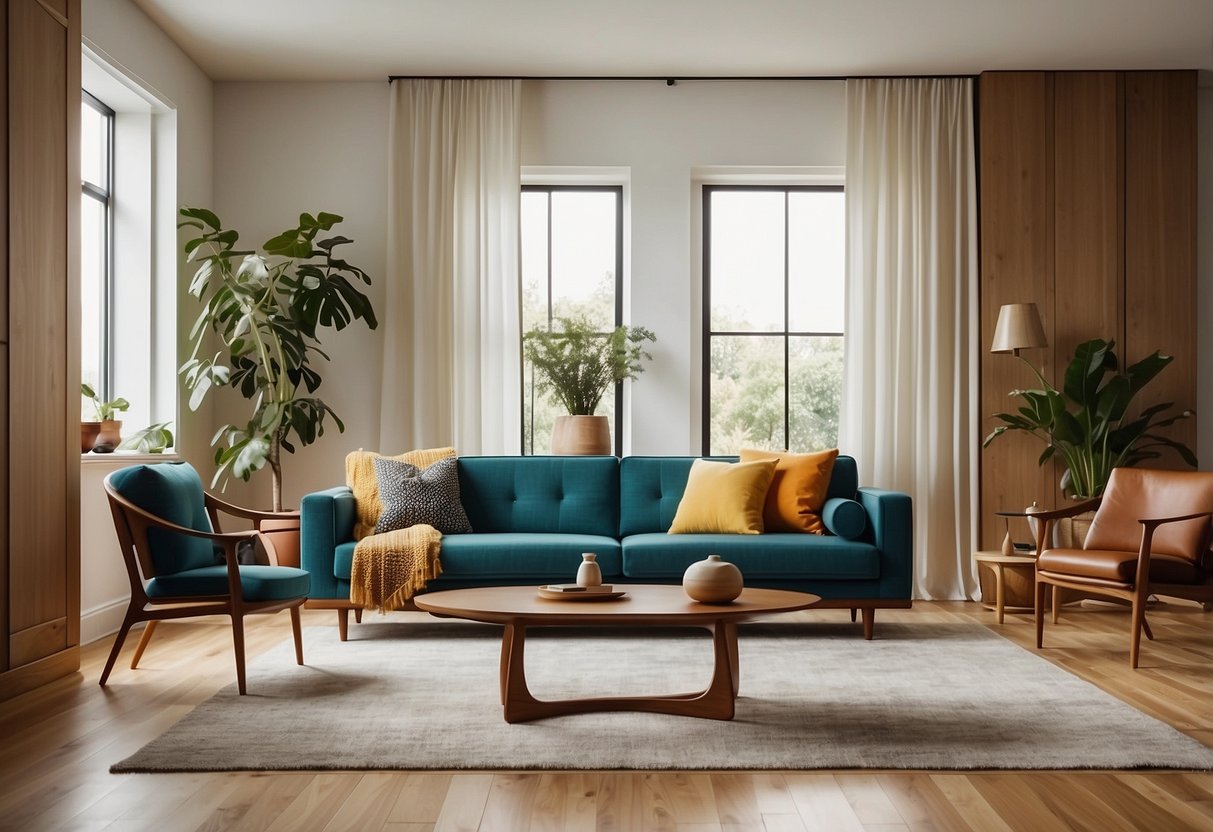 A sleek Mid-Century Modern sofa sits in a minimalist living room, surrounded by clean lines, warm wood accents, and pops of vibrant color