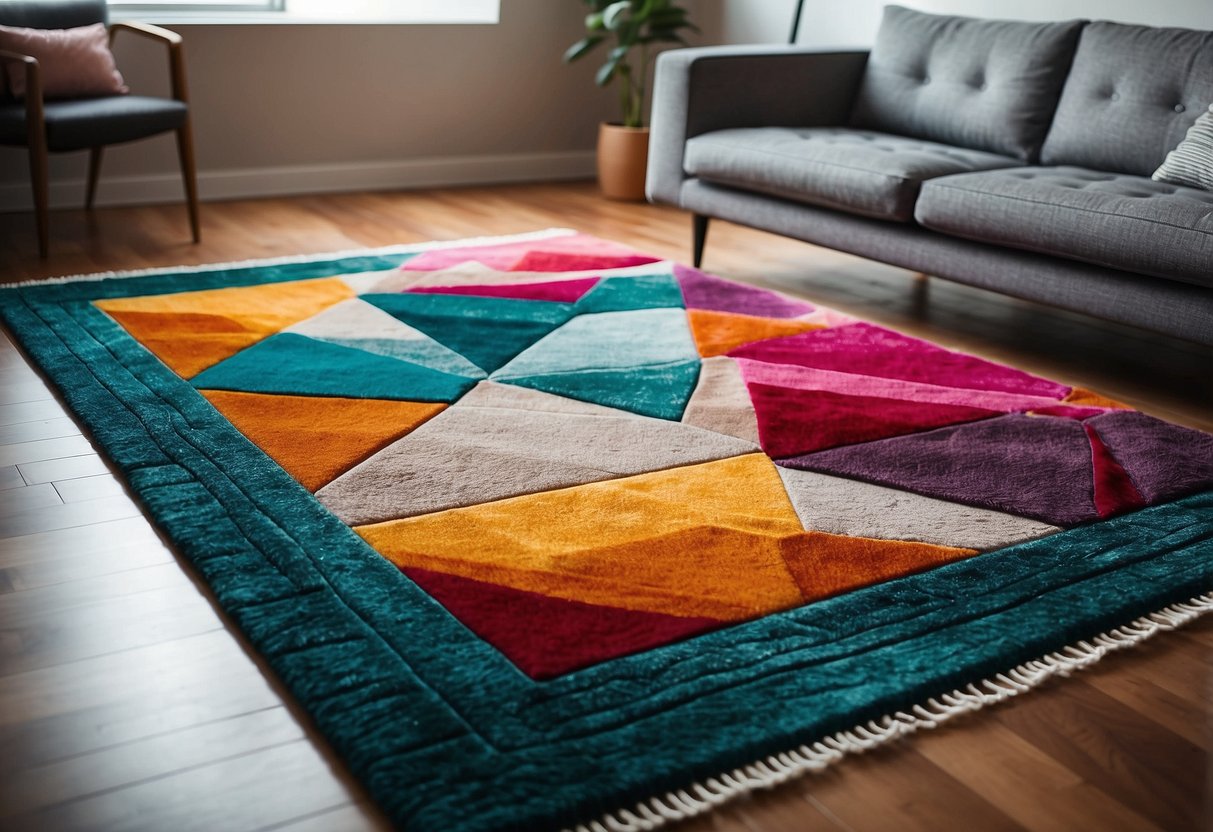 A vibrant, geometric area rug adorns a modern living room, adding a pop of color and pattern to the new build home decor