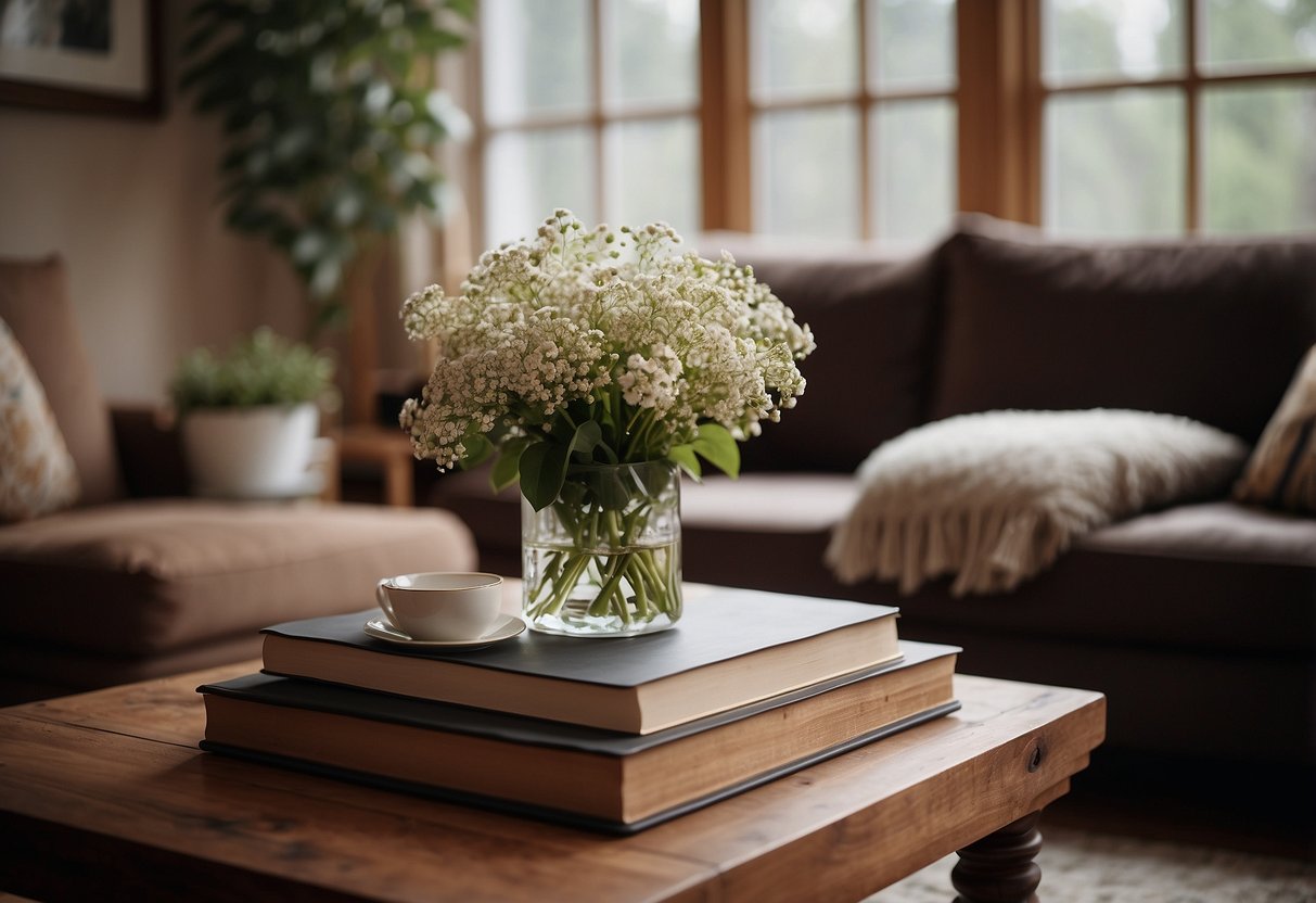 A rustic wooden coffee table sits in a cozy living room, adorned with a stack of books and a vase of fresh flowers