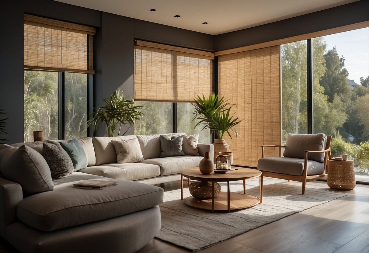 A modern living room with bamboo roller blinds, natural light, and minimalist decor