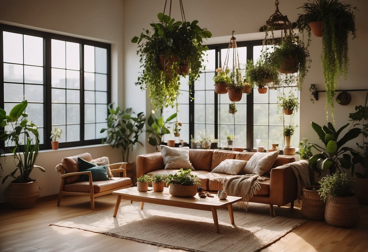 A cozy living room with bohemian hanging planters adorning the walls, creating a natural and earthy atmosphere