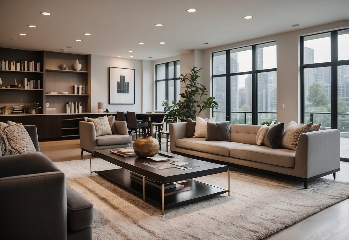 A spacious living room with a modern sofa and accent chairs arranged around a sleek coffee table. A large area rug anchors the seating area, while a stylish bookshelf and floor lamp add functional and decorative elements to the space