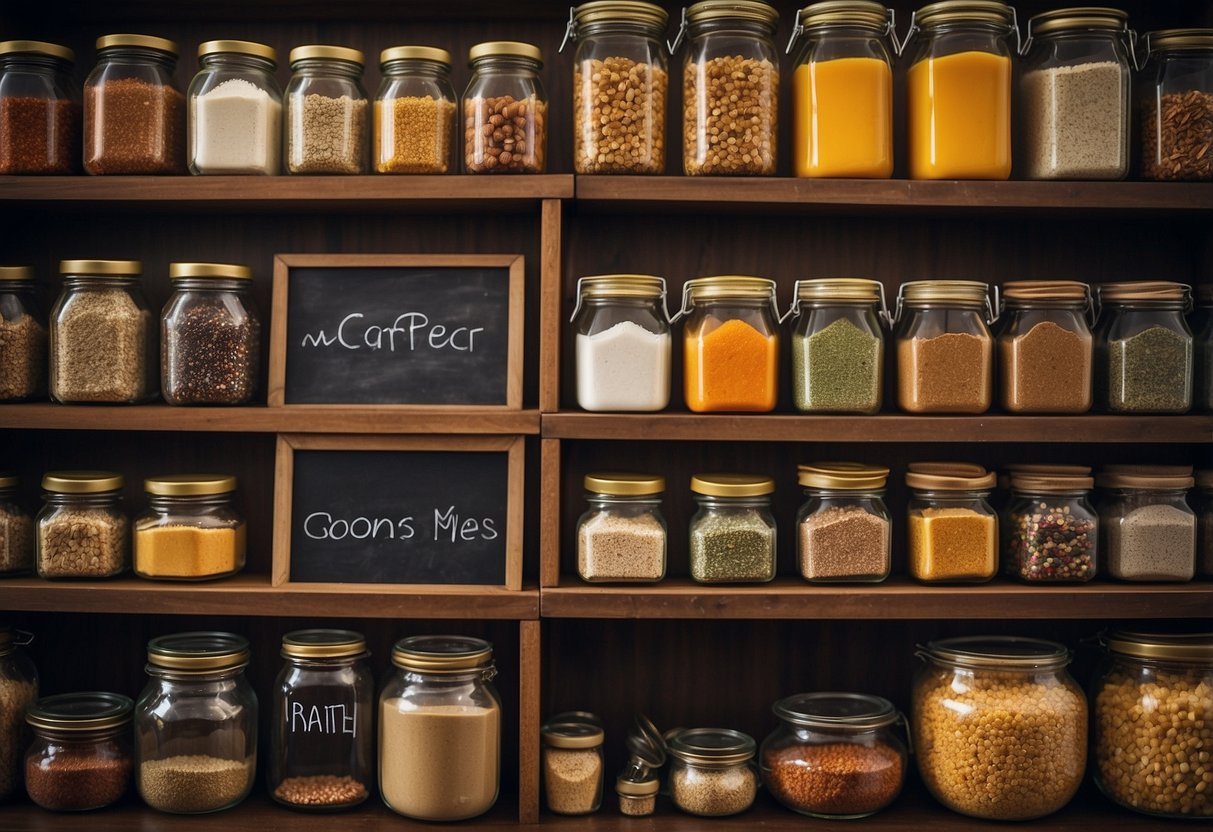 A well-organized pantry with labeled jars, baskets, and shelves filled with colorful spices, grains, and canned goods. A chalkboard or whiteboard with weekly meal plans and shopping lists adds a personal touch