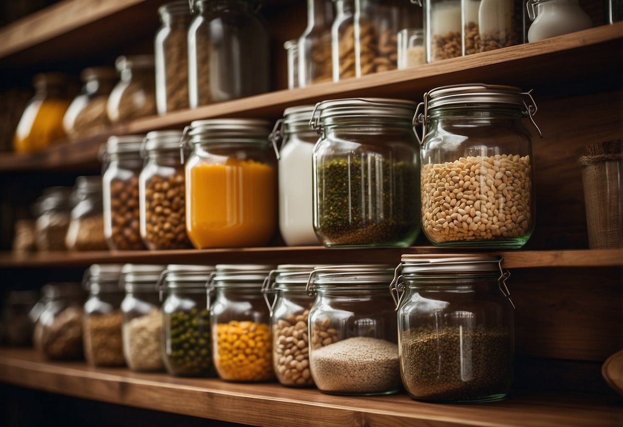 Several glass storage jars arranged on wooden shelves in a well-organized pantry. Labels and contents visible through the clear glass