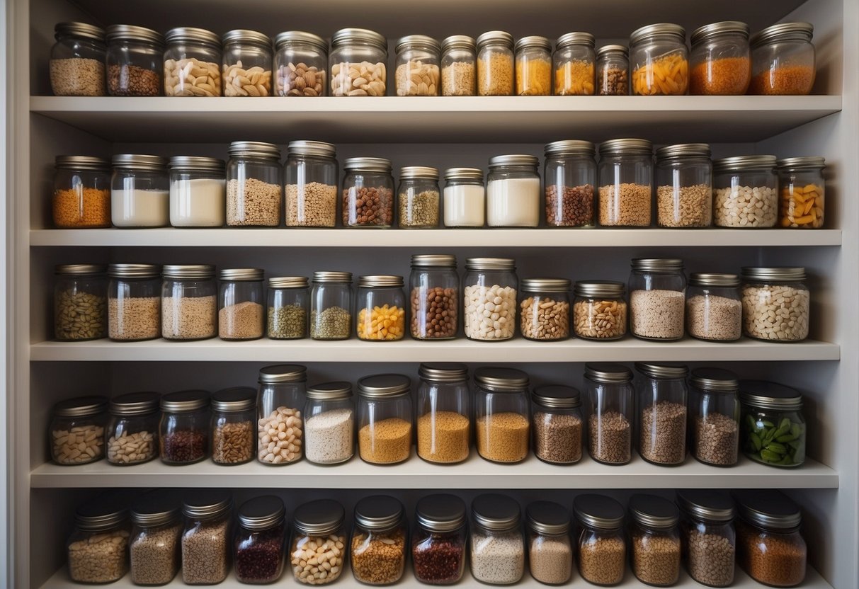 Multiple shelving units filled with neatly organized jars, baskets, and containers of various sizes, showcasing a variety of home decor ideas for a pantry