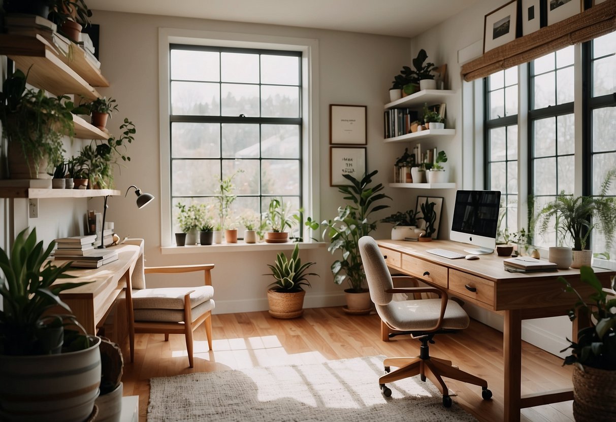 A cozy home office with a sleek desk, organized shelves, plants, and a gallery wall of inspirational quotes. A bright window lets in natural light, and a comfortable chair completes the space