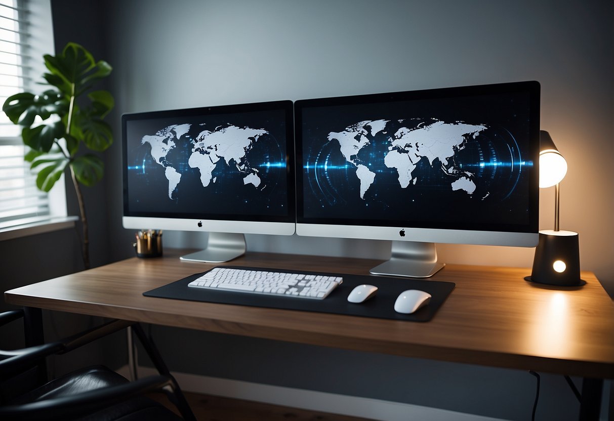 Two computer monitors on a sleek stand, surrounded by minimalist office decor in a small home office