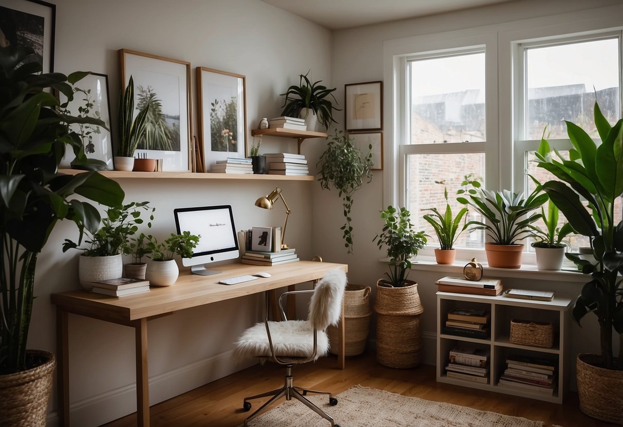 A cozy home office with a sleek desk, stylish chair, shelves adorned with plants and books, and a gallery wall of inspiring artwork